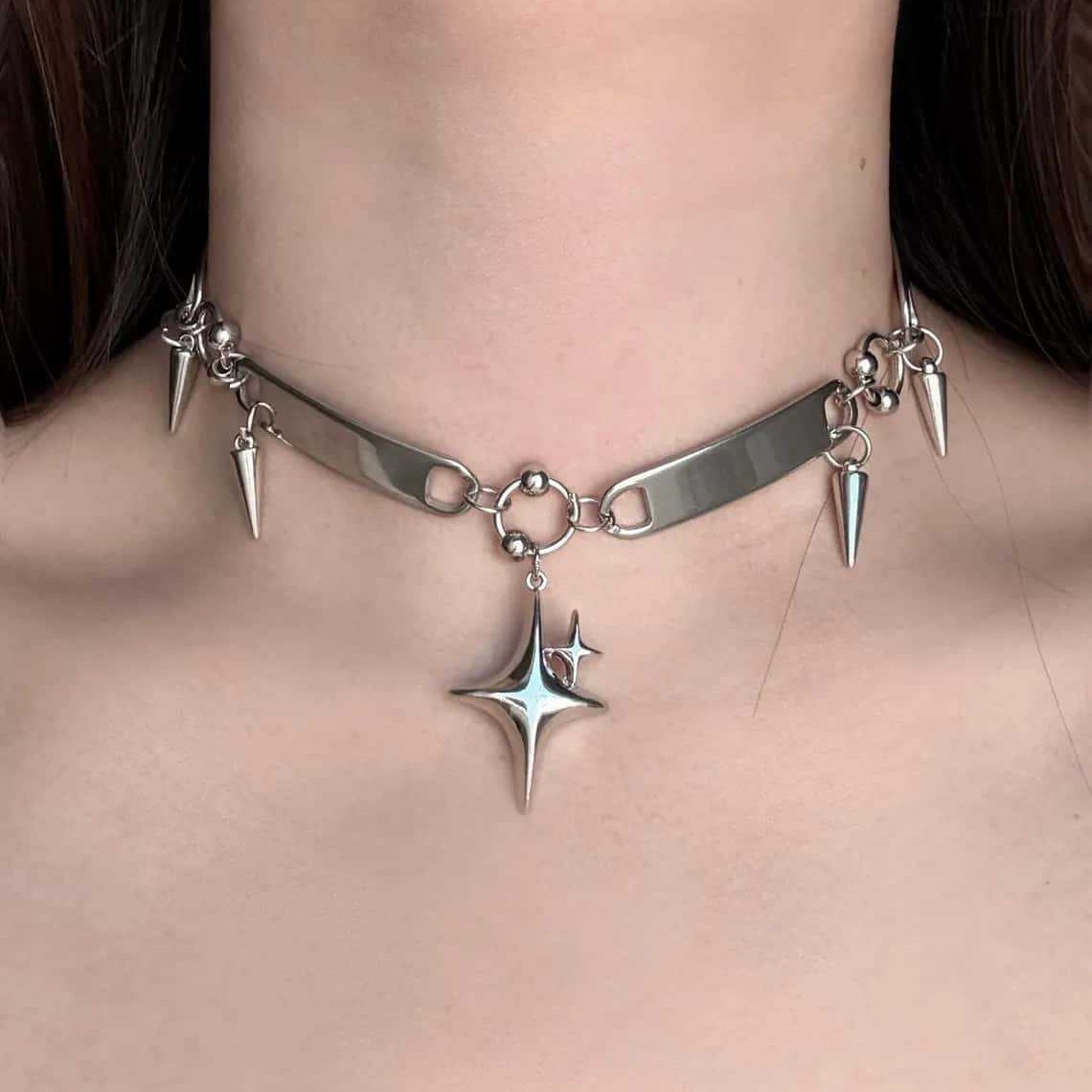 Goth Punk Spike Choker - Punk Yıldızı Perçinli Gerdanlık,Rock Takıları,Y2k Aksesuarı,Hippi,Goth,Design