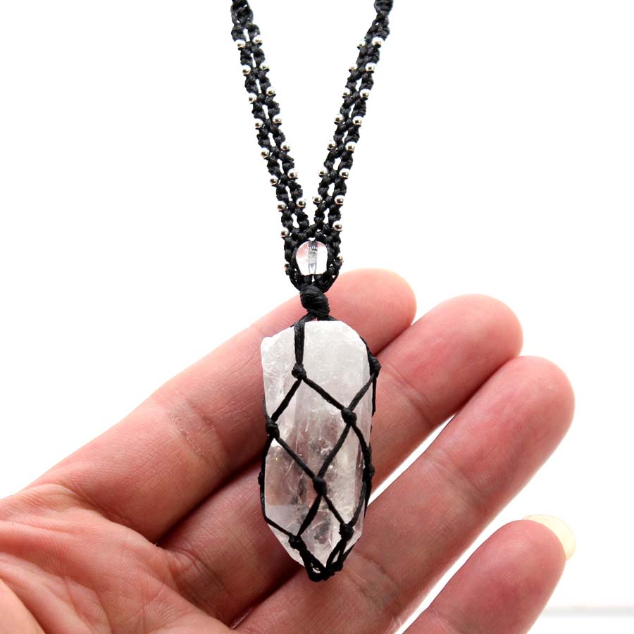 Crystal Pendant Necklace Natural Stone - Kristal Kuvars Makrome örgülü taş Kolye
