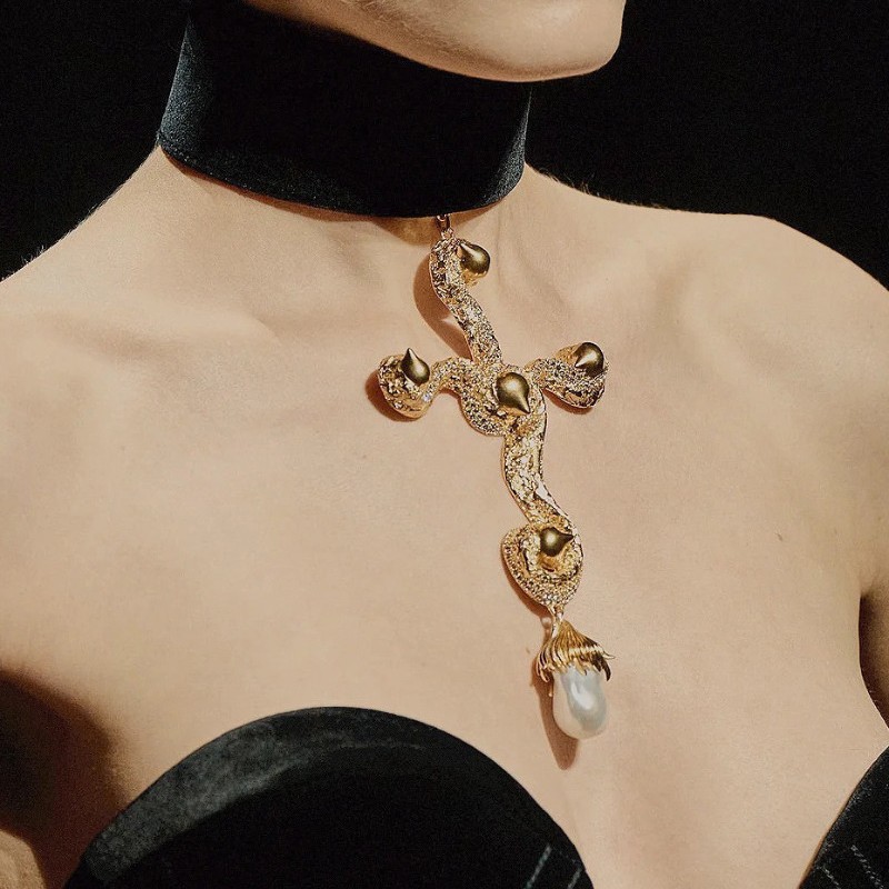 Pearl Choker Necklace Vintage - Vintage Abartılı Barok İnci Çapraz Kolye