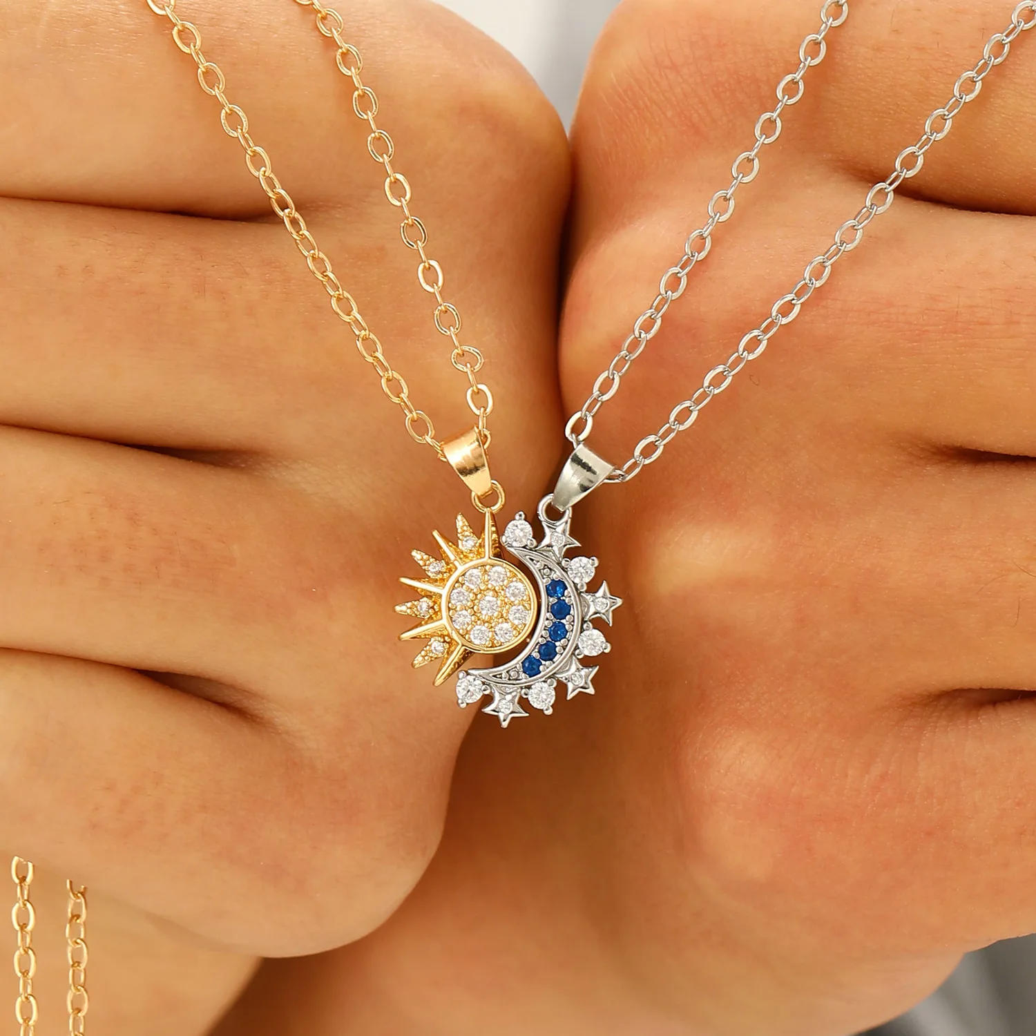 Magnetic Couple Matching Necklaces - Moda Parlak Rhinestone Güneş Ay Kolye