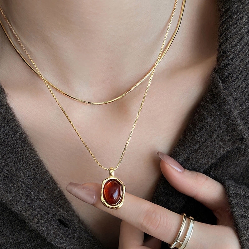 Layered Pendant Necklace Aesthetic - Moda Vintage Çift Katmanlı Doğa Taş