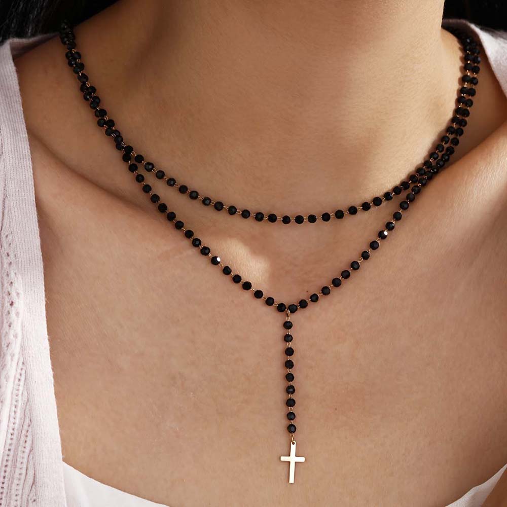 Layered Pendant Necklace Aesthetic - Gotik Çift Katmanlı Siyah Kristal Boncuklu