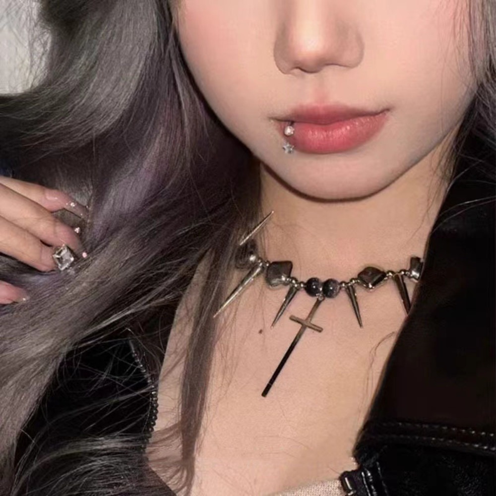 Goth Punk Spike Choker - Y2k Alt Kültür Spike Çapraz Perçin